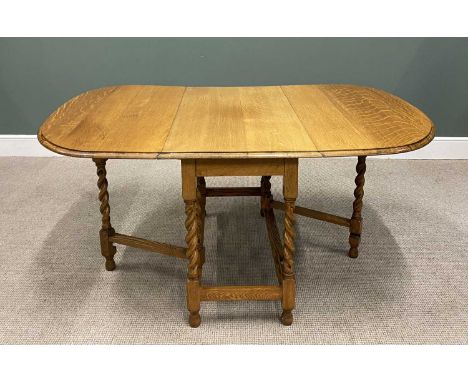 VINTAGE LIGHT OAK GATELEG DINING TABLE WITH TWIN DROP FLAPS, on barley twist supports, 73cms H, 107cms L, 54cms W (closed), 1