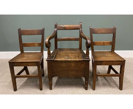 ANTIQUE OAK COMMODE &amp; PAIR OF FARMHOUSE CHAIRS, the commode with curved back rails and curled arms, hinged solid seat wit
