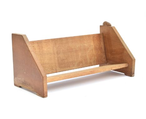 Peter 'Rabbitman' Heap (ex-Mouseman), an oak book trough, triangular end supports, carved with rabbit signature, 47cm wide