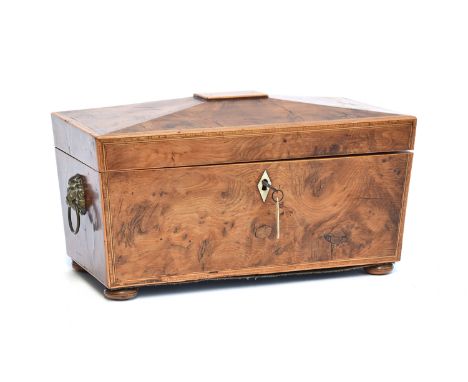 A Regency yew wood tea caddy of sarcophagus form, the tablet top opening to twin canisters and glass mixing bowl, with twin l