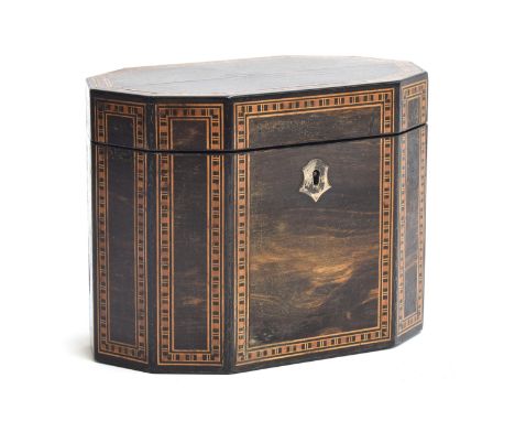 A George III Tunbridgeware coromandel tea caddy, of decagonal faceted form, 16cm wide