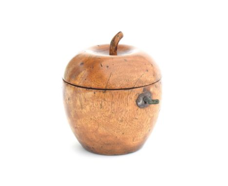 A treen fruitwood tea caddy in the form of an apple, the hinged lid with stalk finial, approx. 11.5cm high