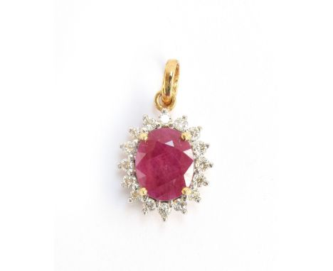 An 18ct gold, ruby and diamond pendant, the Burmese ruby 3.5cts, with 0.5cts of diamonds, 1.7cm long excluding bail, gross we