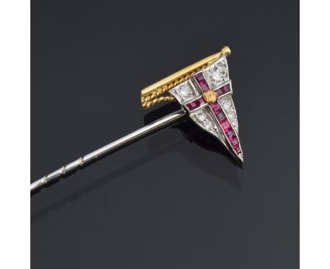An 18ct white and yellow gold, diamond and calibre cut ruby Royal Yacht Squadron stick pin, 1.5cm wide, 2g 