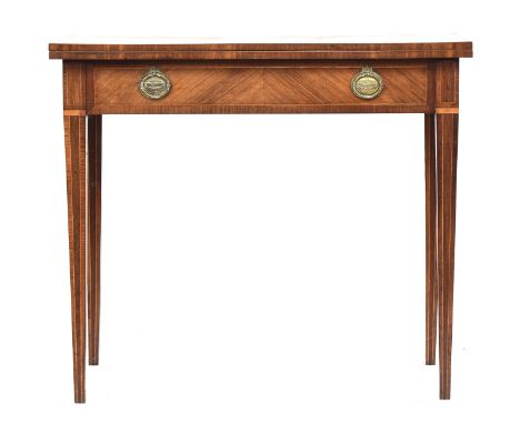 A 19th century card table, quarter veneer top on square tapered legs, 86cm wide, 43cm deep, 75cm high 