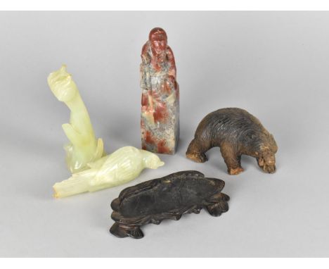 A Carved Small Black Forest Bear, Oriental Stand, Carved Soapstone Oriental Elder and Jade Effect Bird on Tree Trunk (AF) 