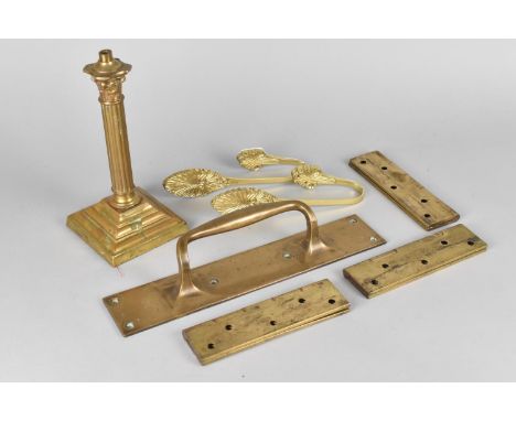 A Collection of Brass to include Set of Three Hinges, Pair of Tie Backs, Door Handle and Table Lamp Base 