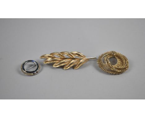 A Collection of Three Vintage Brooches, Circular Jewelled Ciner Example, Gilt Example in the Form of a Spray of Leaves by Sph