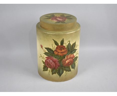 A Modern Floral Painted Cylindrical Storage Jar in the Form of a Tea Caddy, 27cms High 