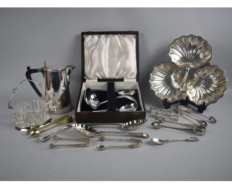 A Collection of Silver Plate to include Cased Set of Six Spoons and Ladle, Trefoil Dish, Sugar Bows, Berry Spoons Etc 
