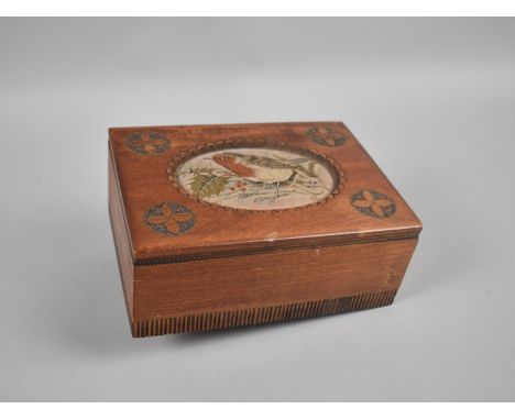 A Vintage Work Box with Removable Tray and Oval Upholstered Top Decorated with Robin, 17cms Wide 
