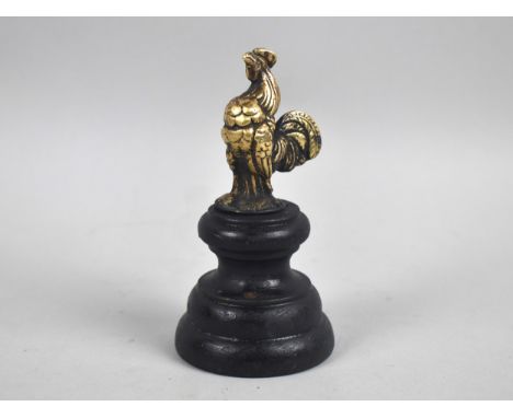 A Vintage French Brass Car Mascot in the Form of a Cockerel, Set on Turned Wooden Socle, Overall Height 12cms