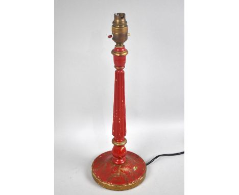 A Vintage Lacquered Table Lamp Base with Gilt Decoration, Reeded Tapering Corinthian Column Supports, Has Been Rewired, 42cms