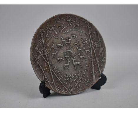 A Vintage Cast Iron German Shallow Dish or Wall Hanging, Decorated with Deer in Forest by Buderus Foundry, 18.5cms Diameter 