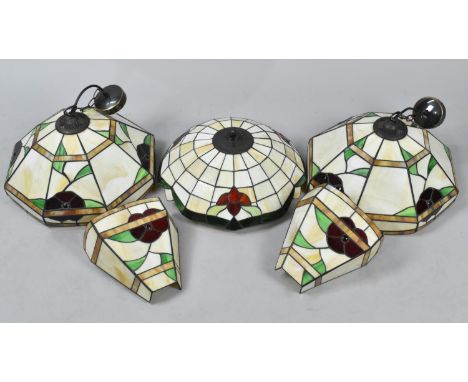 A Set of Reproduction Tiffany Style Light Fitting to Include Three Ceiling Hanging Examples and a Pair of Wall Mounting Light