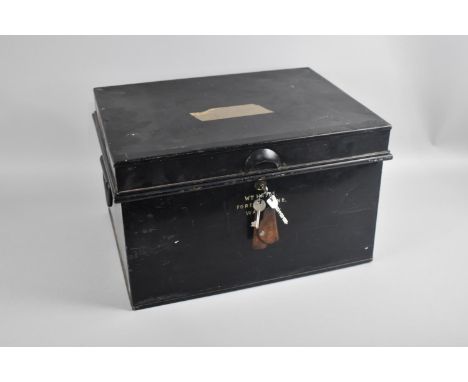 A Vintage Black Painted Metal Deed Box with Key and Two Carrying Handles, 43cms Wide 