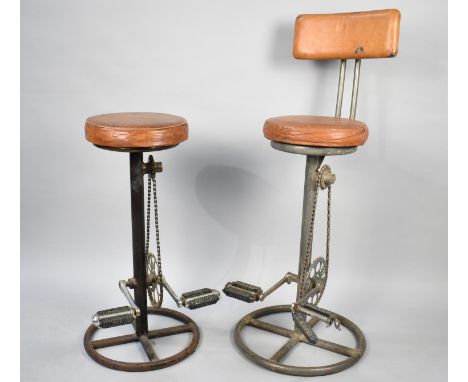 Two Vintage Style Bar Stools with Bicycle Pedal Foot Rests, One with Backrest 