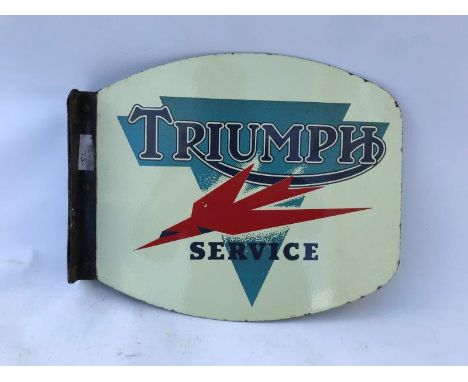 A Triumph Service double sided enamel sign on a metal bracket, 14 1/2 x 11 3/4".
