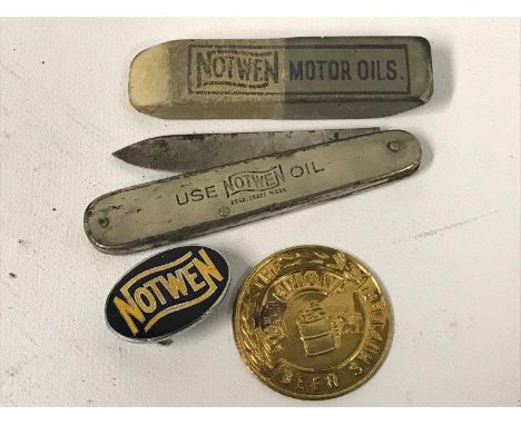 A Notwen Oil penknife, an oval black and yellow enamel lapel badge, a razor etc. 