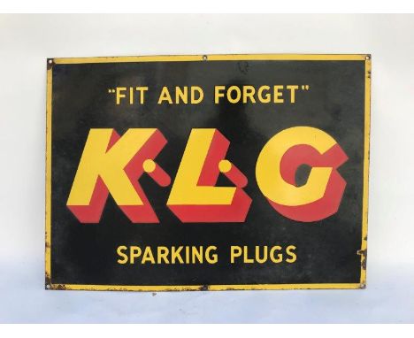 A KLG 'Fit and Forget' Sparking Plugs rectangular enamel sign, 20 x 14 1/2".