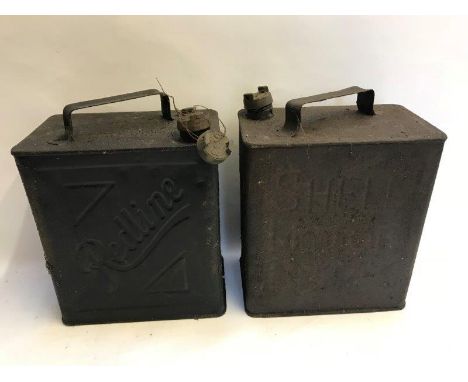 A Redline two gallon petrol can and a Shell two gallon petrol can.