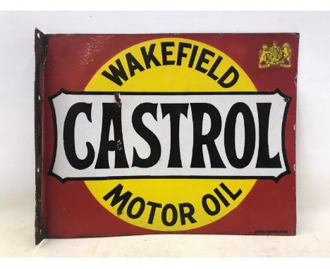 A Wakefield Castrol Motor Oil double sided enamel sign with hanging flange and a royal crest - by appointment to His Majesty 