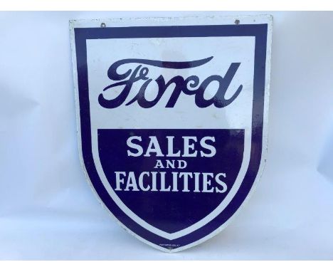 A Ford Sales and Facilities shield shaped double sided hanging enamel sign by Protector of Eccles, with slight retouching, 24