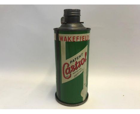A Wakefield Patent Castrol Motor Oil 'Castrolite' cylindrical quart oil can in good condition, with bulkhead bracket.