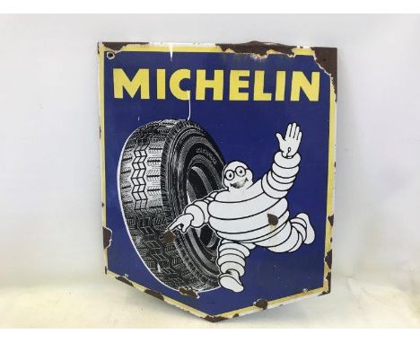 A Michelin pictorial enamel sign depicting Mr. Bibendum rolling a tyre, dated 1966, 25 1/2 x 30 1/4".
