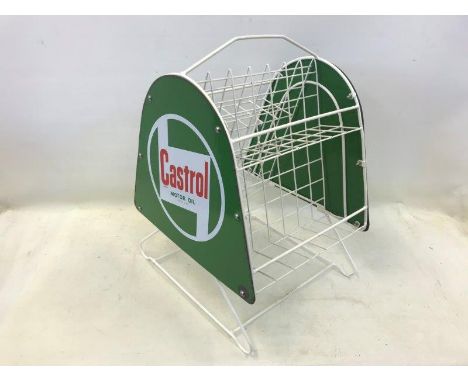 A Castrol Motor Oil forecourt oil bottle crate with enamel sign ends, both in excellent condition, the crate itself appears u
