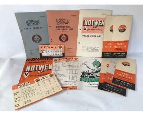 A collection of Notwen and Newton Oils literature to include a tractor oils brochure, a commercial trade list etc. 