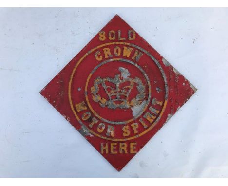 A rare Crown Motor Spirit lozenge shaped cast aluminium plaque embossed: Property of Crown Oil Company Limited, 16 x 16".