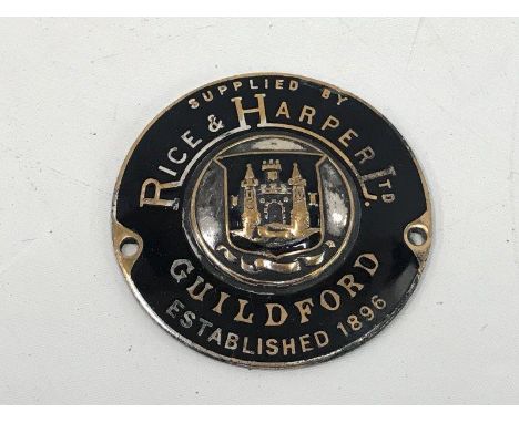 An enamel supply plate for Rice and Harper Limited of Guildford. 
