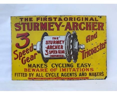 A Sturmey-Archer Three Speed Gear and Tricoaster pictorial rectangular enamel sign by Wildman and Meguyer, an early sign in g