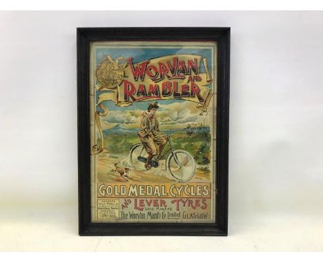 A rare Worvan and Rambler Gold Medal Cycles pictorial advertiement, with some restoration to the upper section, oak framed an