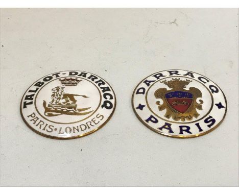 Two good reproduction radiator badges by Pamela David Limited for Darracq Paris and Talbot-Darracq circa 1908-1912, both high