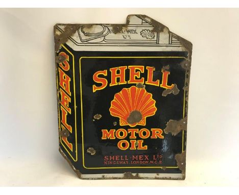 A Shell Motor Oil can shaped double sided enamel sign, 15 3/4 x 20".