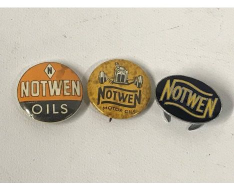 A Notwen oval enamel lapel badge and two small Notwen badges, one with the earlier racing car design. 