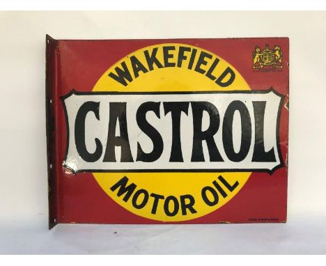 A Wakefield Castrol Motor Oil double sided enamel sign with hanging flange by Stocal of Burton and Birmingham, with one royal