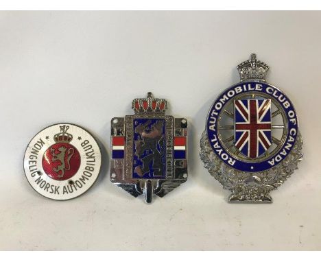 A Royal Automobile Club of Canada part enamel car badge stamped A782, a Netherlands Automobile CLub badge and another for Nor