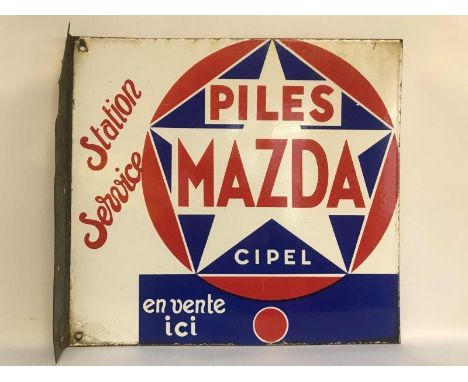 A Mazda Station Service French double sided enamel sign with hanging flange, 17 3/4 x 16 1/2".