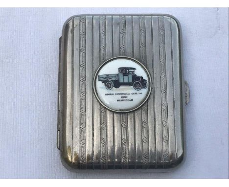 A Morris Commercial Cars Limited, Soho, Birmingham silver plated cigarette case with circular pictorial plaque to the lid dep