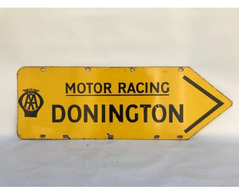 An AA double sided directional enamel sign with stencilled text 'Motor Racing Donington, 36 x 12".