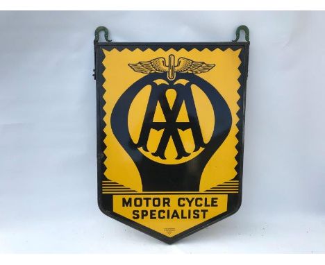 A pair of AA enamel signs back to back set within a hanging frame - Motor Cycle Specialist, by Franco, 23 x 31 1/2".
