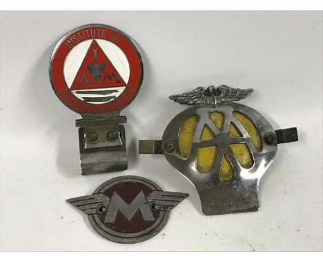 An Institute of Advanced Motorists enamel car badge with name bar for S.T. Davies, a Matchless motorcycle tank badge and an A