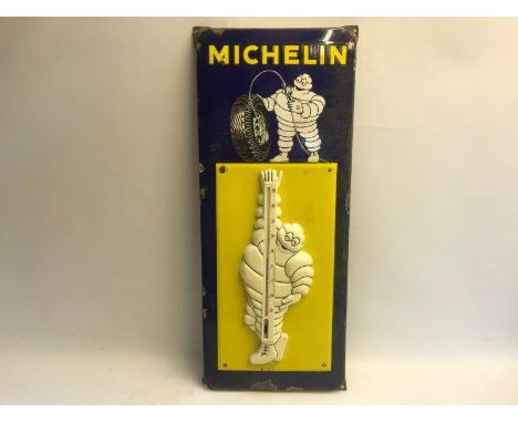 A Michelin enamel thermometer, with slightly raised enamel lettering, an image of Mr. Bibendum pumping up a tyre and attached