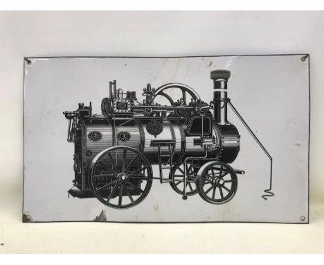 A Ransomes Sims and Jefferies pictorial mobile steam engine black and white enamel sign, 23 3/4 x 13 3/4".