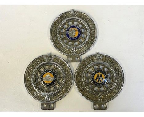 Three Royal Automobile Club Associate car badges with enamel centres for Taranaki, Wairarapa and Wanganui. 