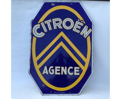 A French Citroen Agency shaped double sided hanging enamel sign, in very good condition, 29 3/4 x 43 1/2".