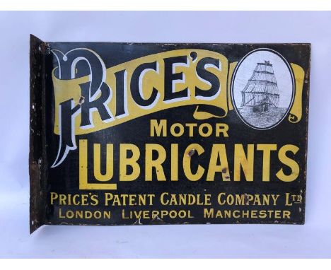 A Price's Motor Lubricants part pictorial double sided enamel sign with hanging flange by Willing & Co. 21 x 14 1/2".